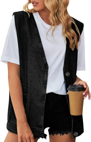 Women's Denim Vest Jacket Classic Oversized Boyfriend Sleeveless Button Down Jean Waistcoat Outerwear