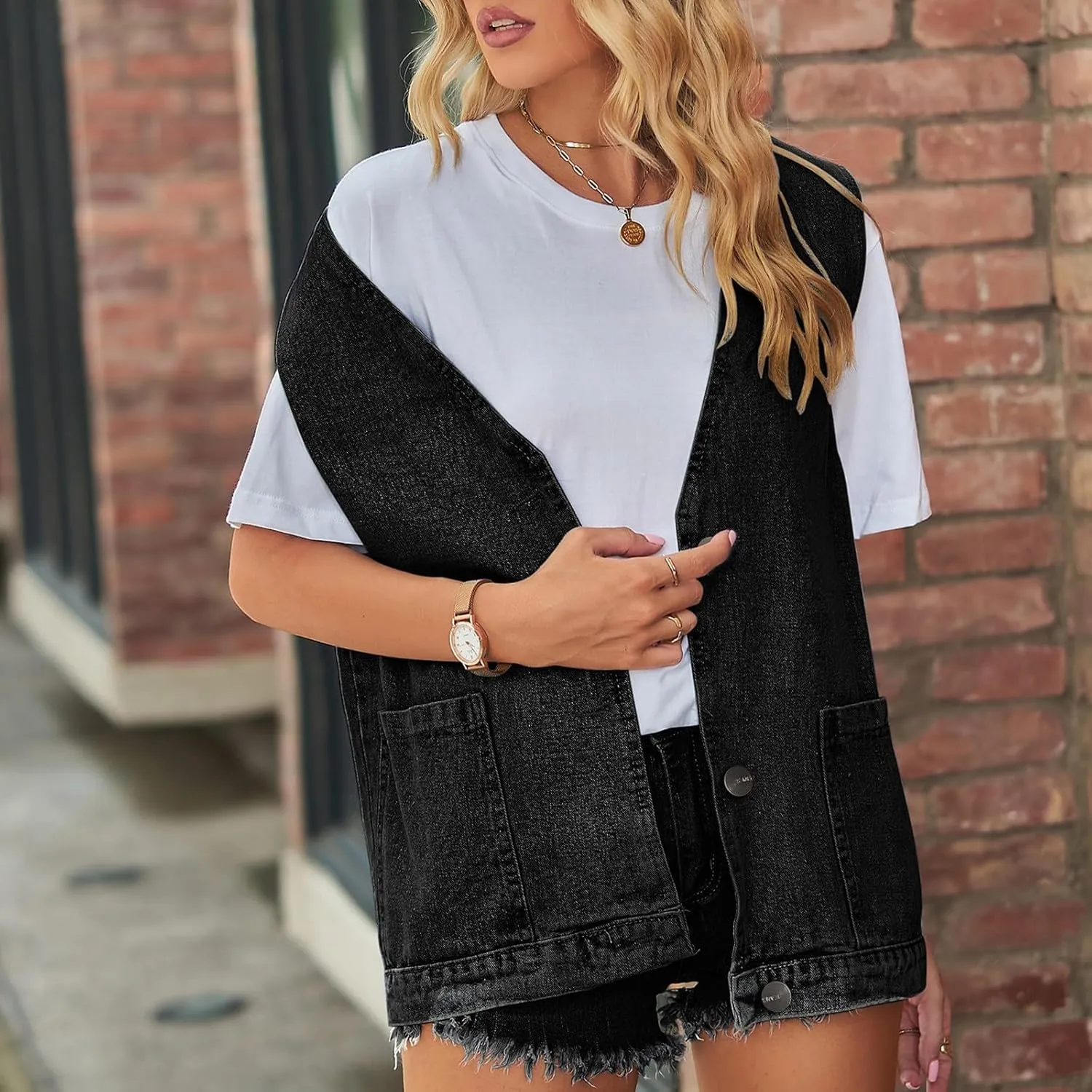 Women's Denim Vest Jacket Classic Oversized Boyfriend Sleeveless Button Down Jean Waistcoat Outerwear