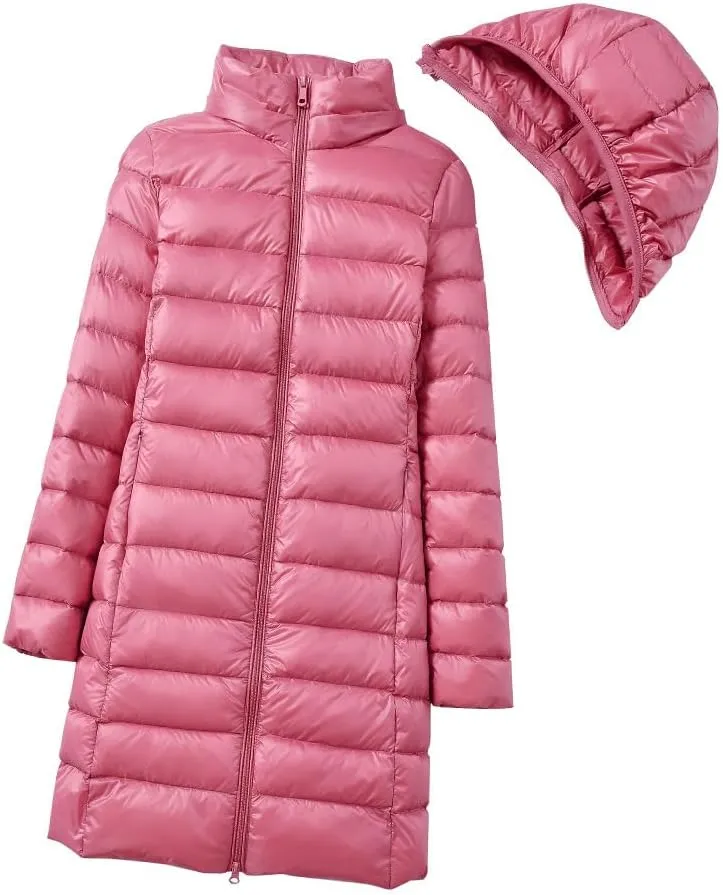 Women's Down Puffer Jackets Long Lightweight Casual Winter Coats Thin Slim Hooded Parka