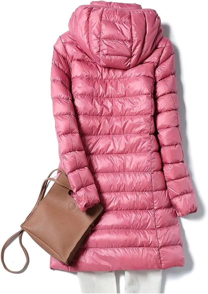 Women's Down Puffer Jackets Long Lightweight Casual Winter Coats Thin Slim Hooded Parka