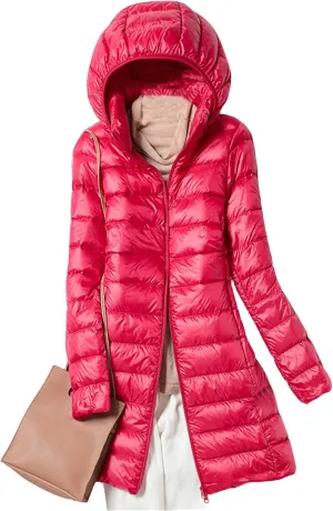 Women's Down Puffer Jackets Long Lightweight Casual Winter Coats Thin Slim Hooded Parka