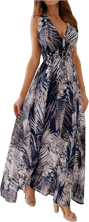 Womens Dresses 2024 Spring Summer Deep V Neck Floral Maxi Dress with Drawstring Flowy Backless Sleeveless A-Line Dress