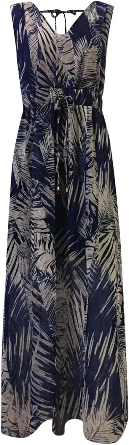 Womens Dresses 2024 Spring Summer Deep V Neck Floral Maxi Dress with Drawstring Flowy Backless Sleeveless A-Line Dress