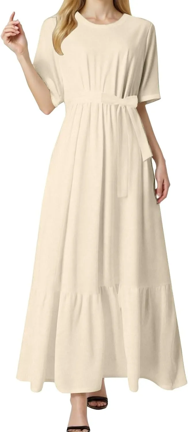 Women's Dresses Casual Summer Tiered Midi Dress Short Sleeve Belted Ruffle Babydoll Boho Sundress with Pockets