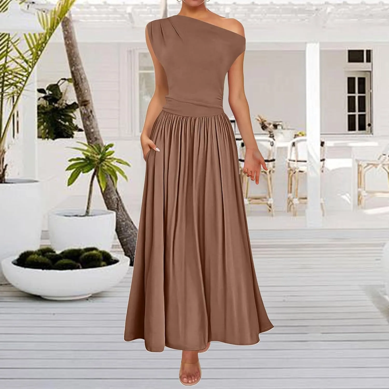 Women's Dresses One Shoulder Ruffle High Waist Flowy Dresses Sleeveless Fashion Trendy Dress Summer Sundress 2025
