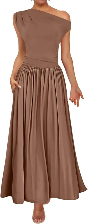 Women's Dresses One Shoulder Ruffle High Waist Flowy Dresses Sleeveless Fashion Trendy Dress Summer Sundress 2025