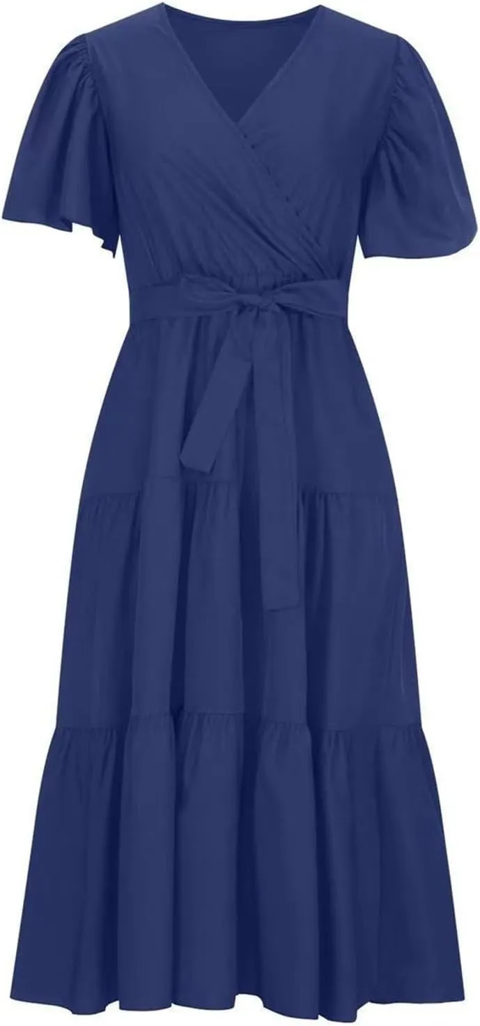 Womens Dresses Spring Sexy Dresses Short Sleeve Ruched Dress V Neck Tiered A Line Dress Summer with Belt