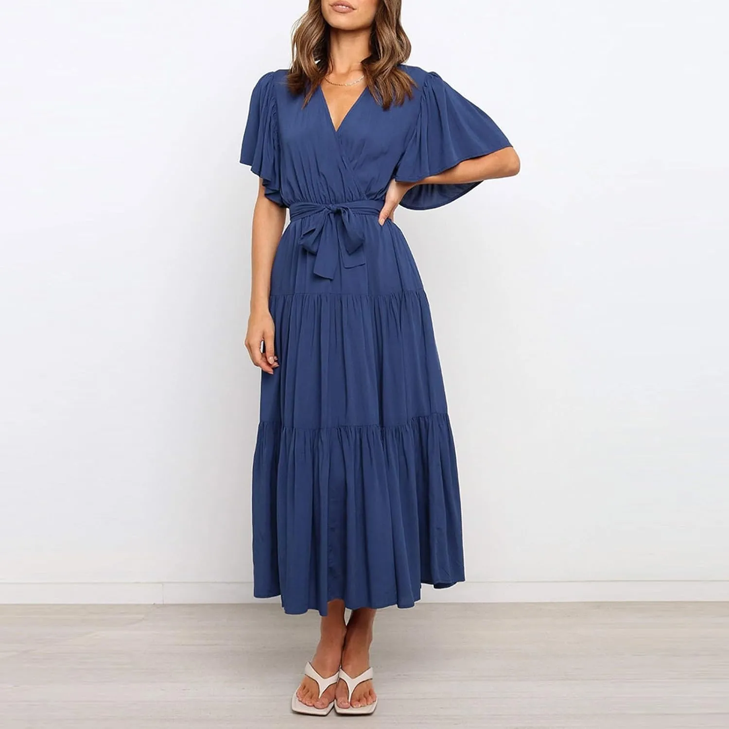 Womens Dresses Spring Sexy Dresses Short Sleeve Ruched Dress V Neck Tiered A Line Dress Summer with Belt