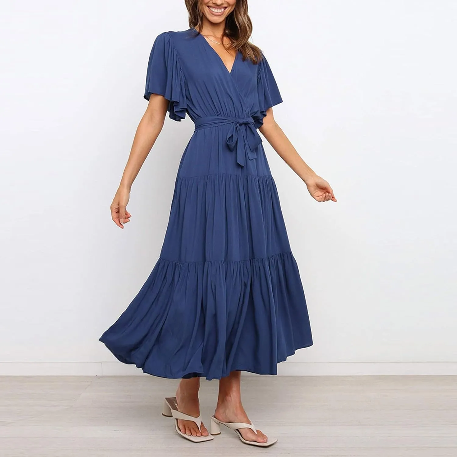 Womens Dresses Spring Sexy Dresses Short Sleeve Ruched Dress V Neck Tiered A Line Dress Summer with Belt