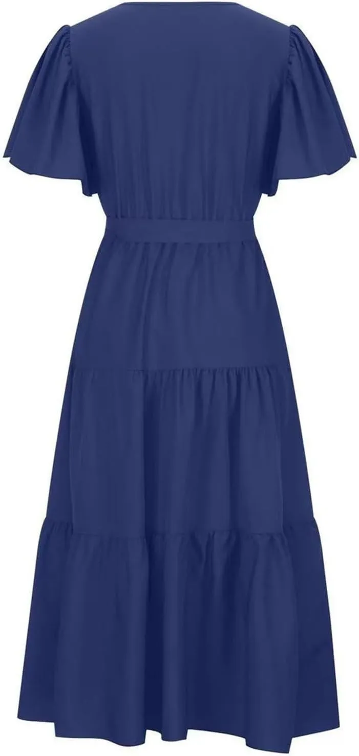 Womens Dresses Spring Sexy Dresses Short Sleeve Ruched Dress V Neck Tiered A Line Dress Summer with Belt