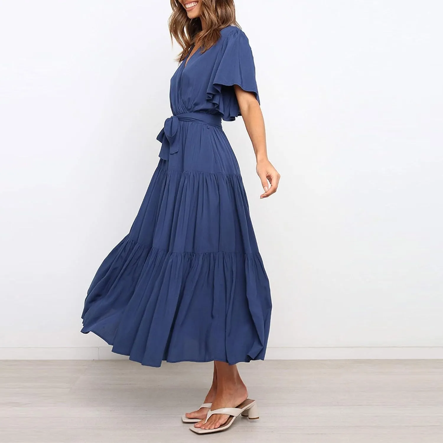 Womens Dresses Spring Sexy Dresses Short Sleeve Ruched Dress V Neck Tiered A Line Dress Summer with Belt