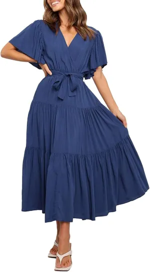 Womens Dresses Spring Sexy Dresses Short Sleeve Ruched Dress V Neck Tiered A Line Dress Summer with Belt