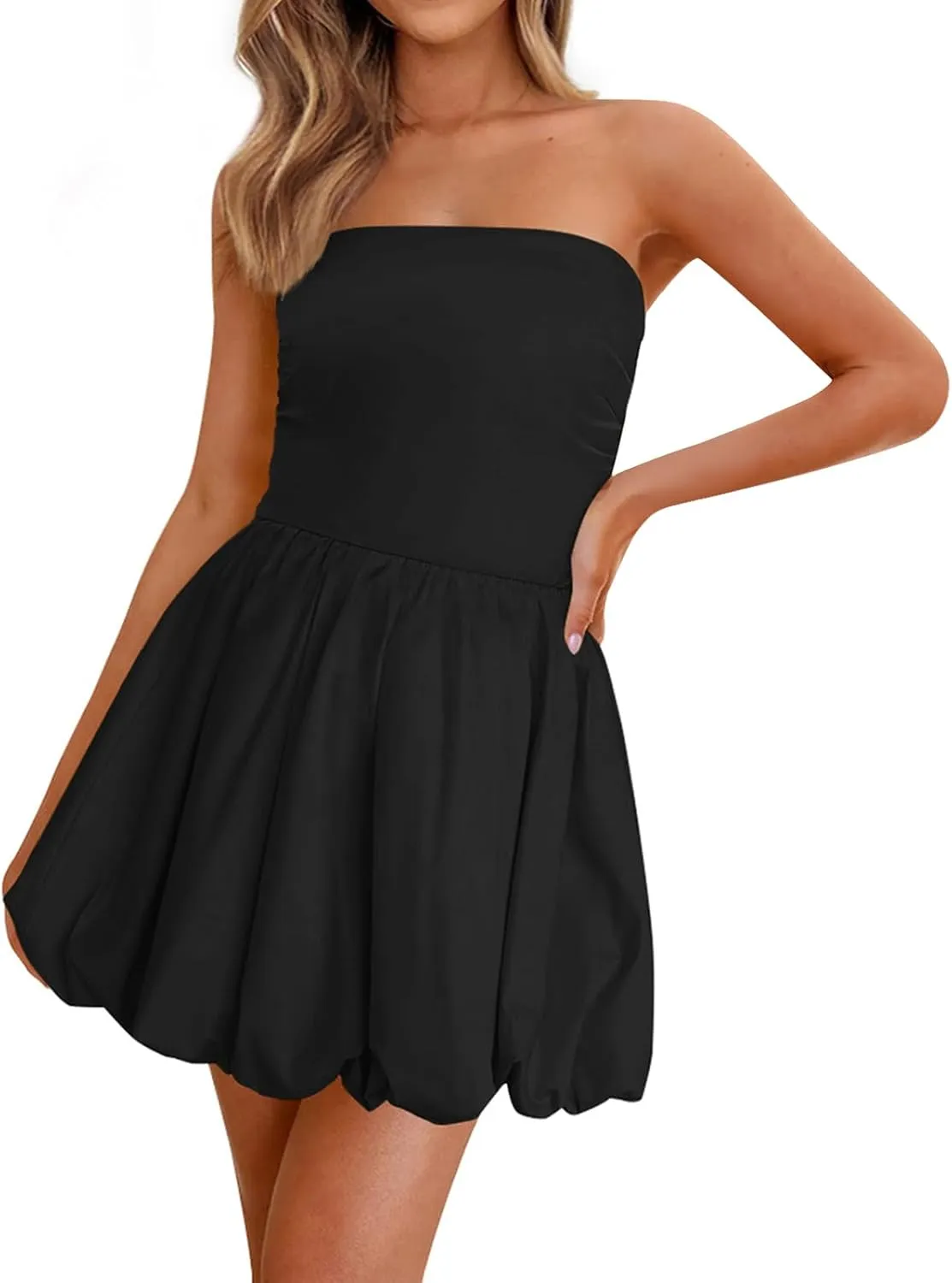 Womens Dresses Tube Top Bubble Mini Dress Smocked A Line Trendy Strapless Dress Summer Casual Party Dresses 2025