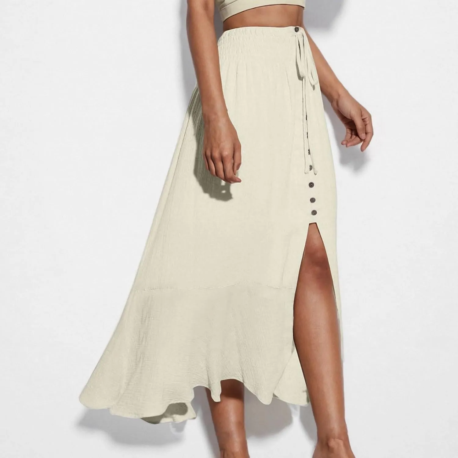 Women's Elastic Tie Waist Button Down Maxi Skirts Casual Loose Fashion Flowy Swing Slit Front Long Skirts 2025