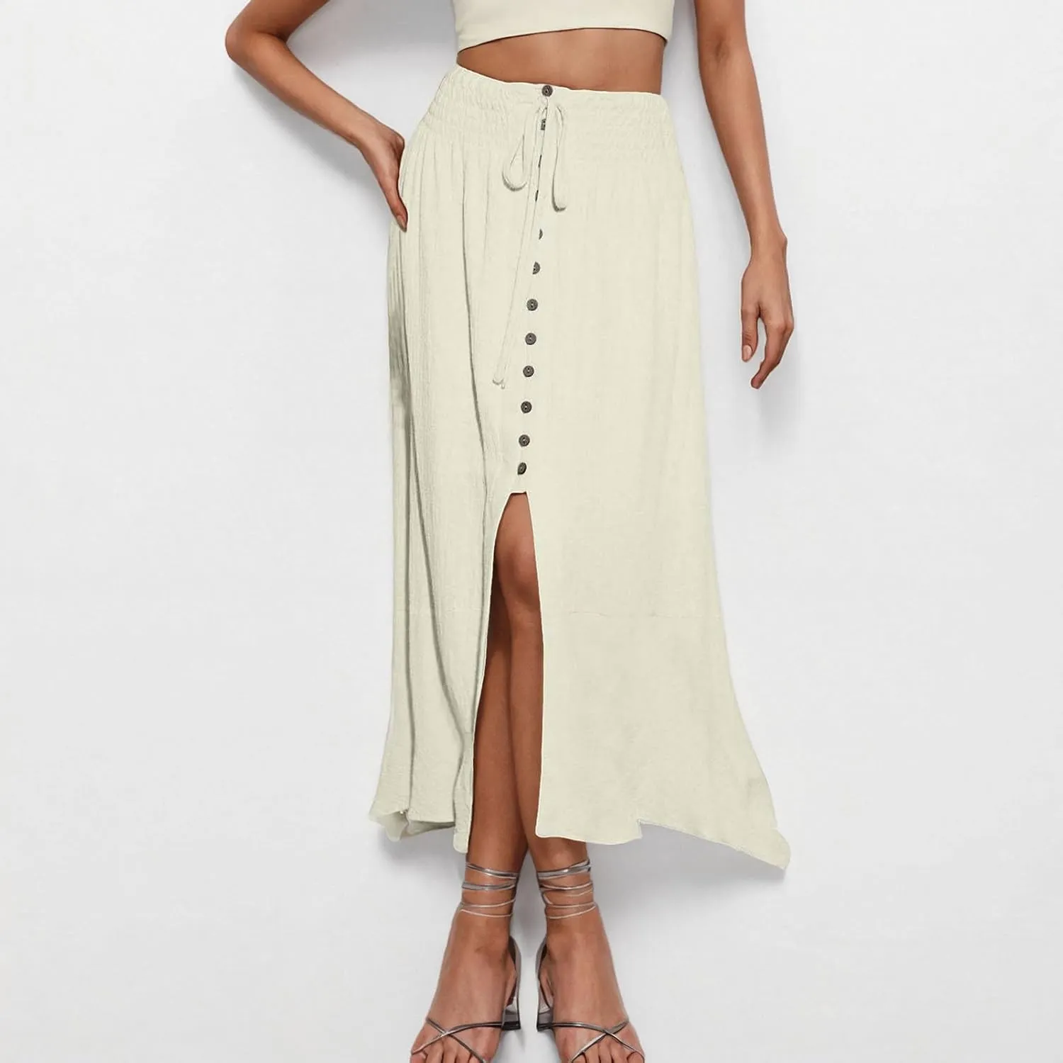 Women's Elastic Tie Waist Button Down Maxi Skirts Casual Loose Fashion Flowy Swing Slit Front Long Skirts 2025