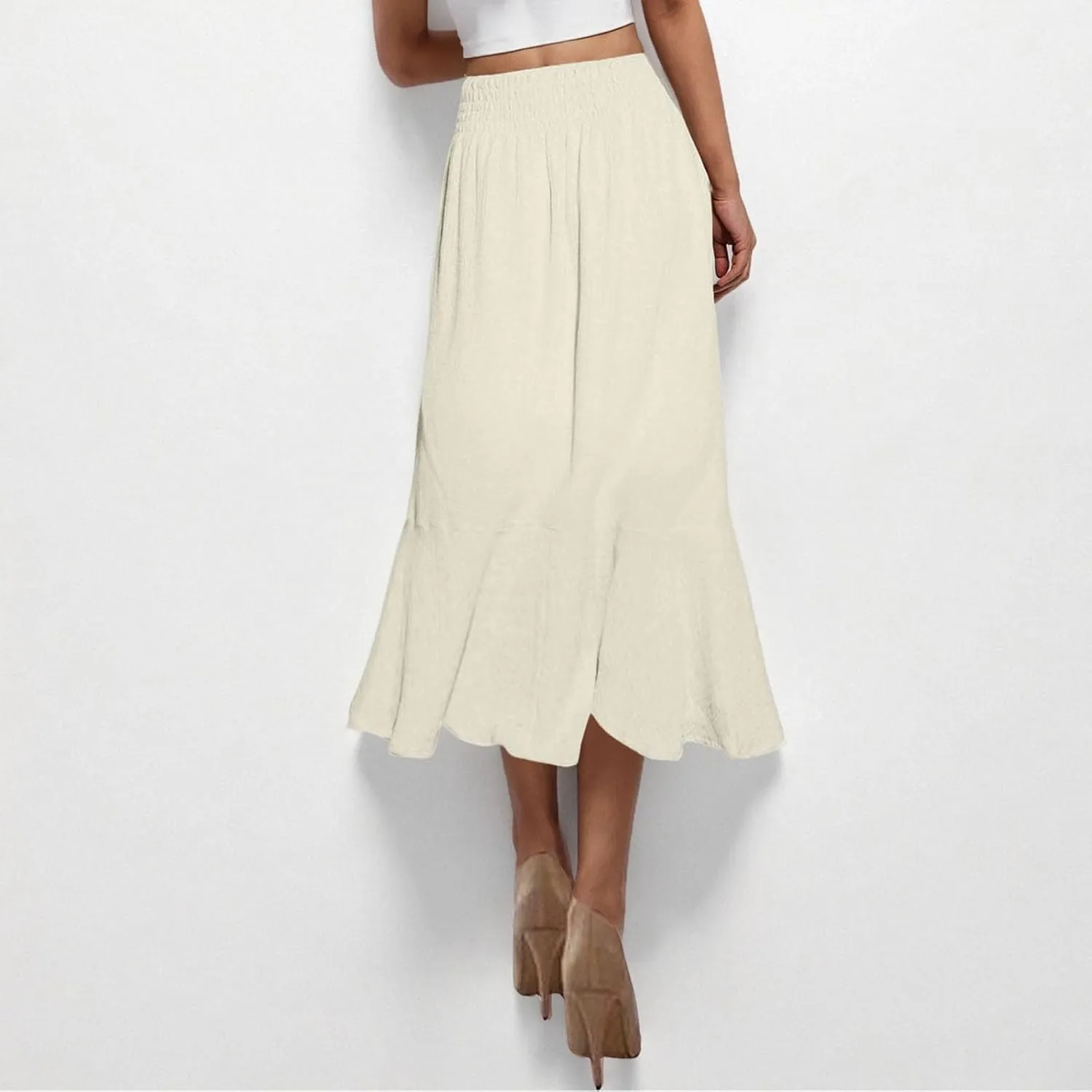 Women's Elastic Tie Waist Button Down Maxi Skirts Casual Loose Fashion Flowy Swing Slit Front Long Skirts 2025