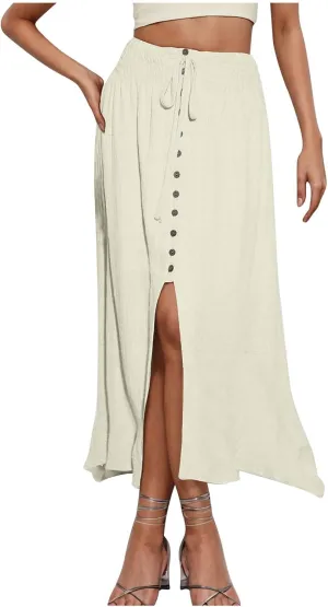 Women's Elastic Tie Waist Button Down Maxi Skirts Casual Loose Fashion Flowy Swing Slit Front Long Skirts 2025