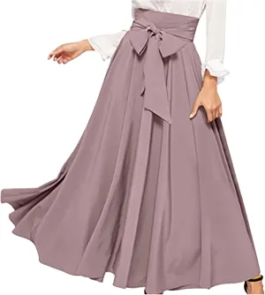 Women's Elegant High Waisted Skirt Tie Front Pleated Maxi Skirts Fashion Solid Color Flowy Swing Ankle Length Skirt