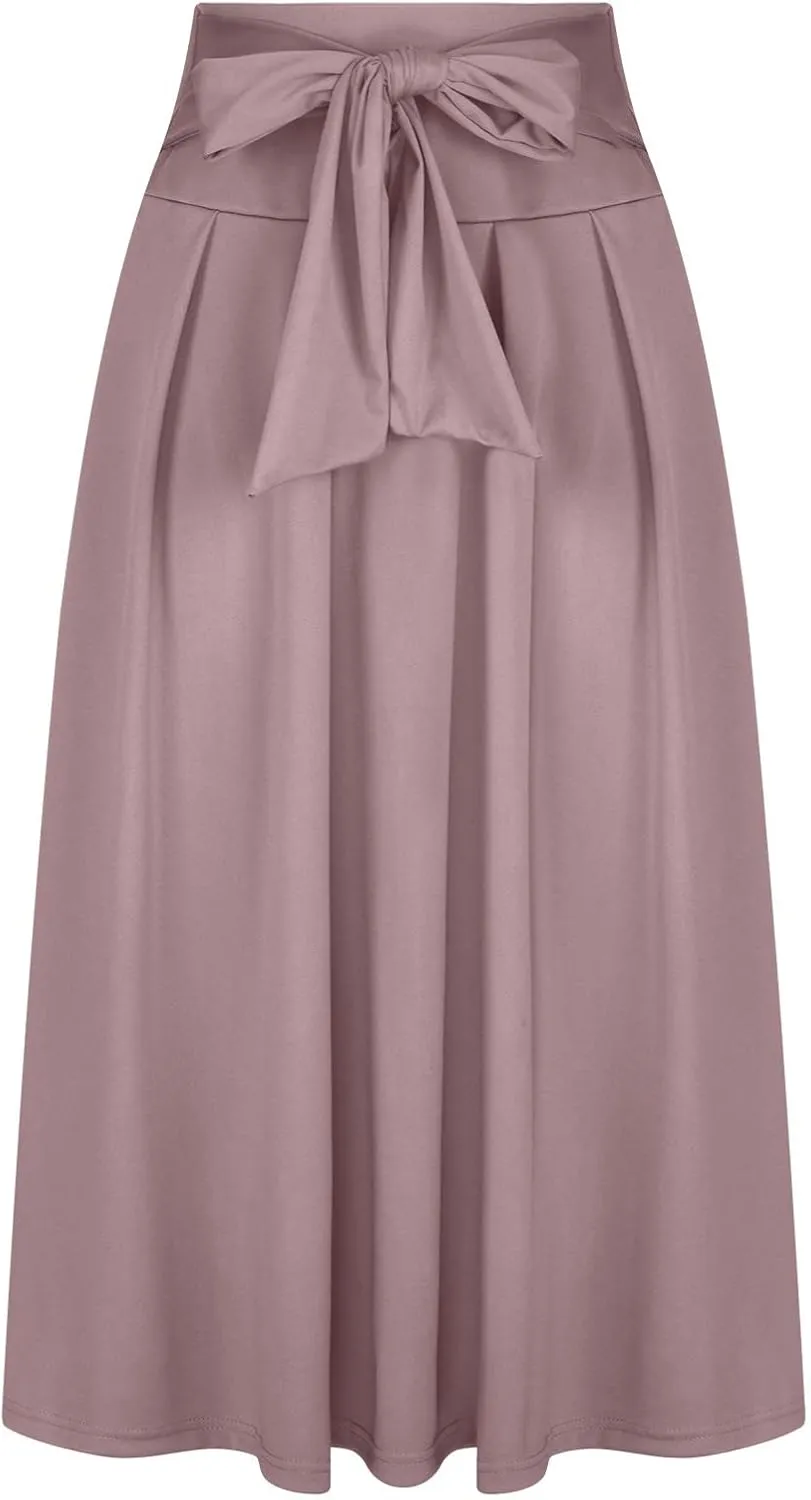 Women's Elegant High Waisted Skirt Tie Front Pleated Maxi Skirts Fashion Solid Color Flowy Swing Ankle Length Skirt