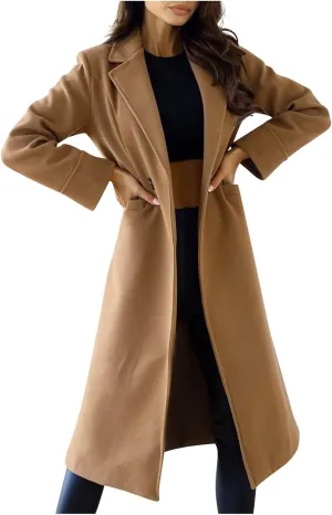 Womens Fall Jackets Oversized Double-breasted Turndown Collar Trench Coats Long Sleeve Cardigan Coat with Pockets