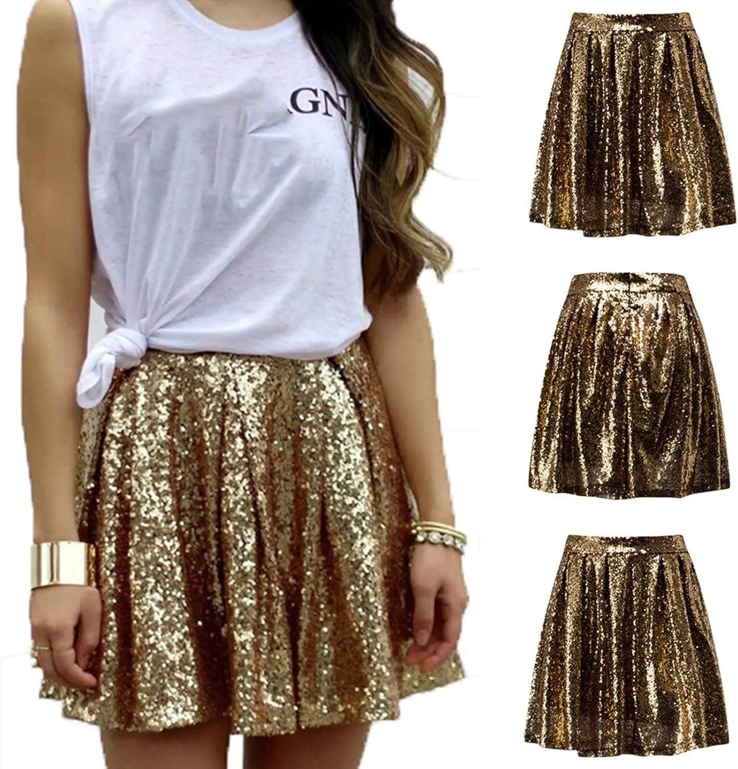 Women's Fashion Skirts High Waist Pleated Solid Color Short Skirts Loose Sequin Short Skirt Spring Dresses Mini