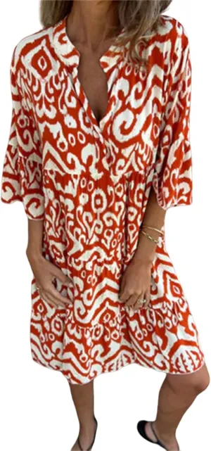 Womens Flora Boho Dress V Neck 3/4 Sleeve Midi Dresses Summer Casual Loose Waist Pleated Vacation Dress