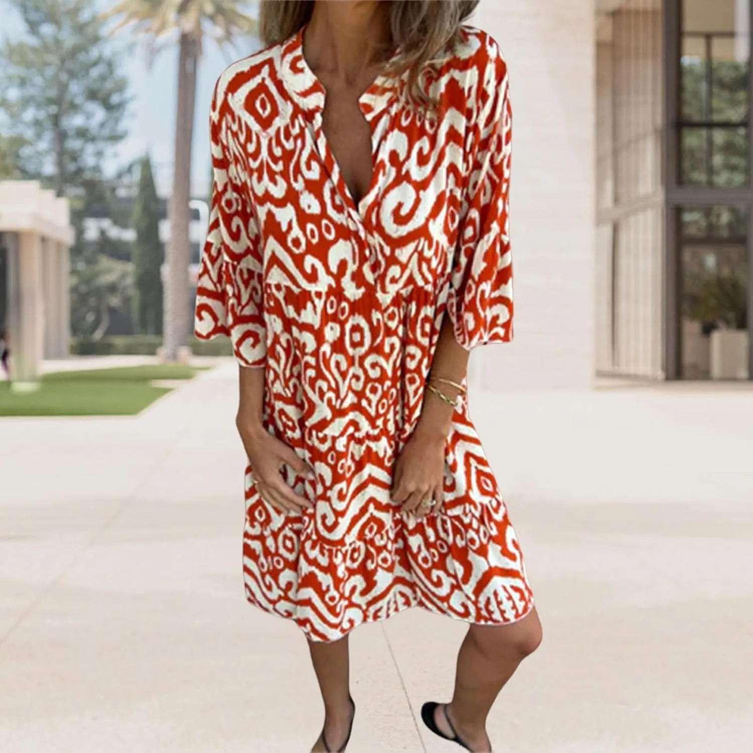 Womens Flora Boho Dress V Neck 3/4 Sleeve Midi Dresses Summer Casual Loose Waist Pleated Vacation Dress