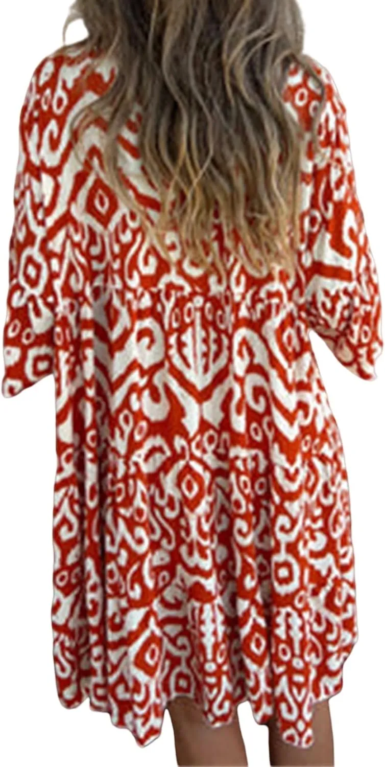 Womens Flora Boho Dress V Neck 3/4 Sleeve Midi Dresses Summer Casual Loose Waist Pleated Vacation Dress