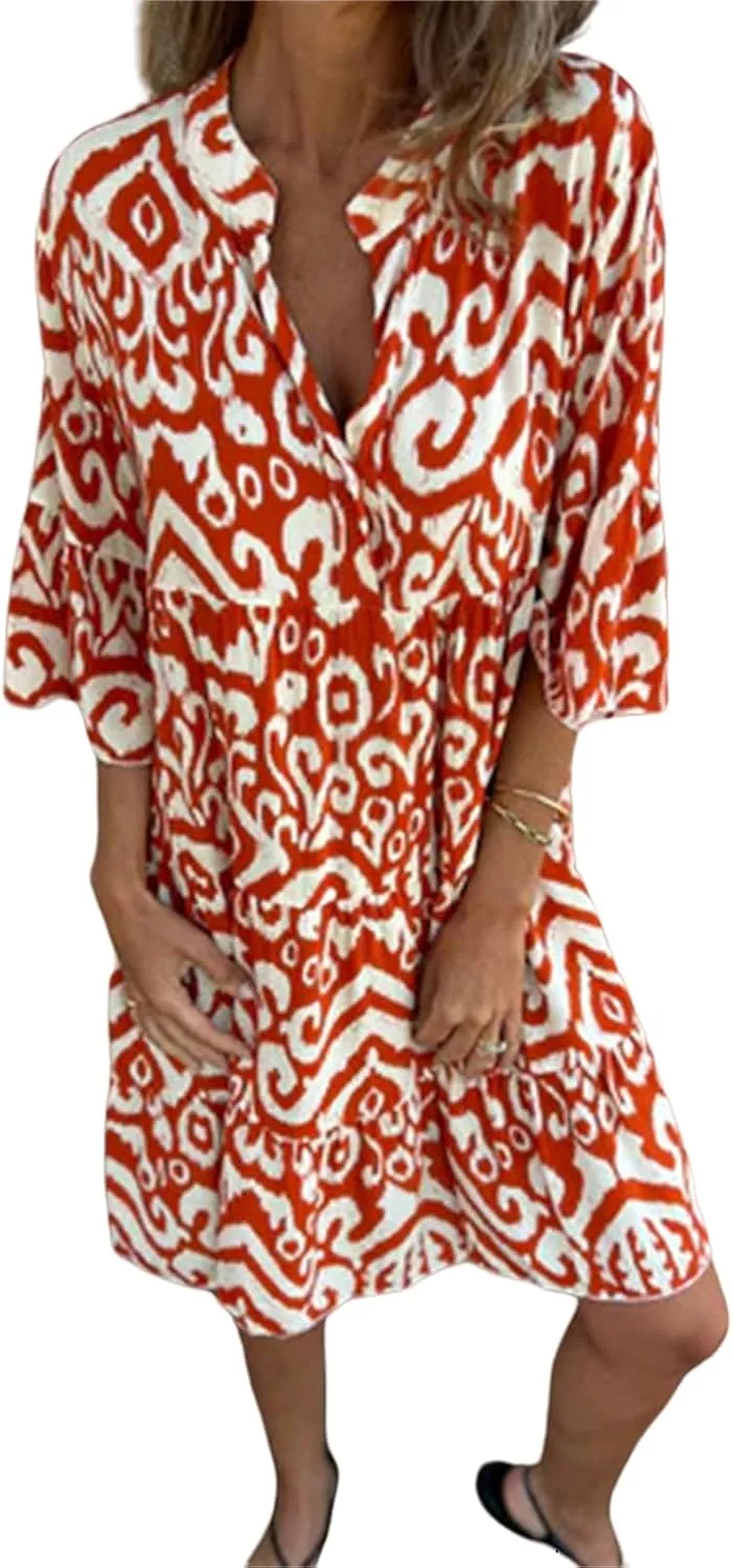 Womens Flora Boho Dress V Neck 3/4 Sleeve Midi Dresses Summer Casual Loose Waist Pleated Vacation Dress