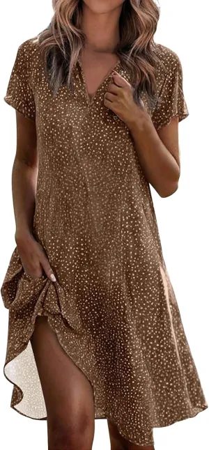 Womens Floral Dress V Neck Short Sleeve A-Line Midi Dresses Summer Casual Loose Wave Point Dress