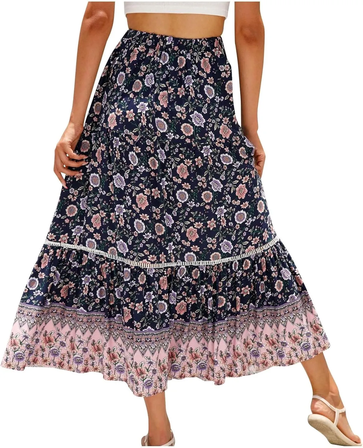 Womens Floral Printed Boho Maxi Skirt Pluz Size Elastic High Waist Summer Skirt Pleated Ruffle Flowy Long Skirts