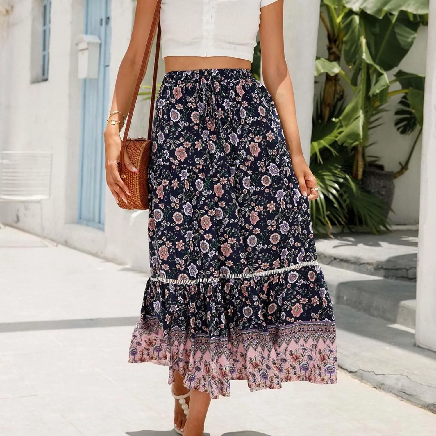 Womens Floral Printed Boho Maxi Skirt Pluz Size Elastic High Waist Summer Skirt Pleated Ruffle Flowy Long Skirts