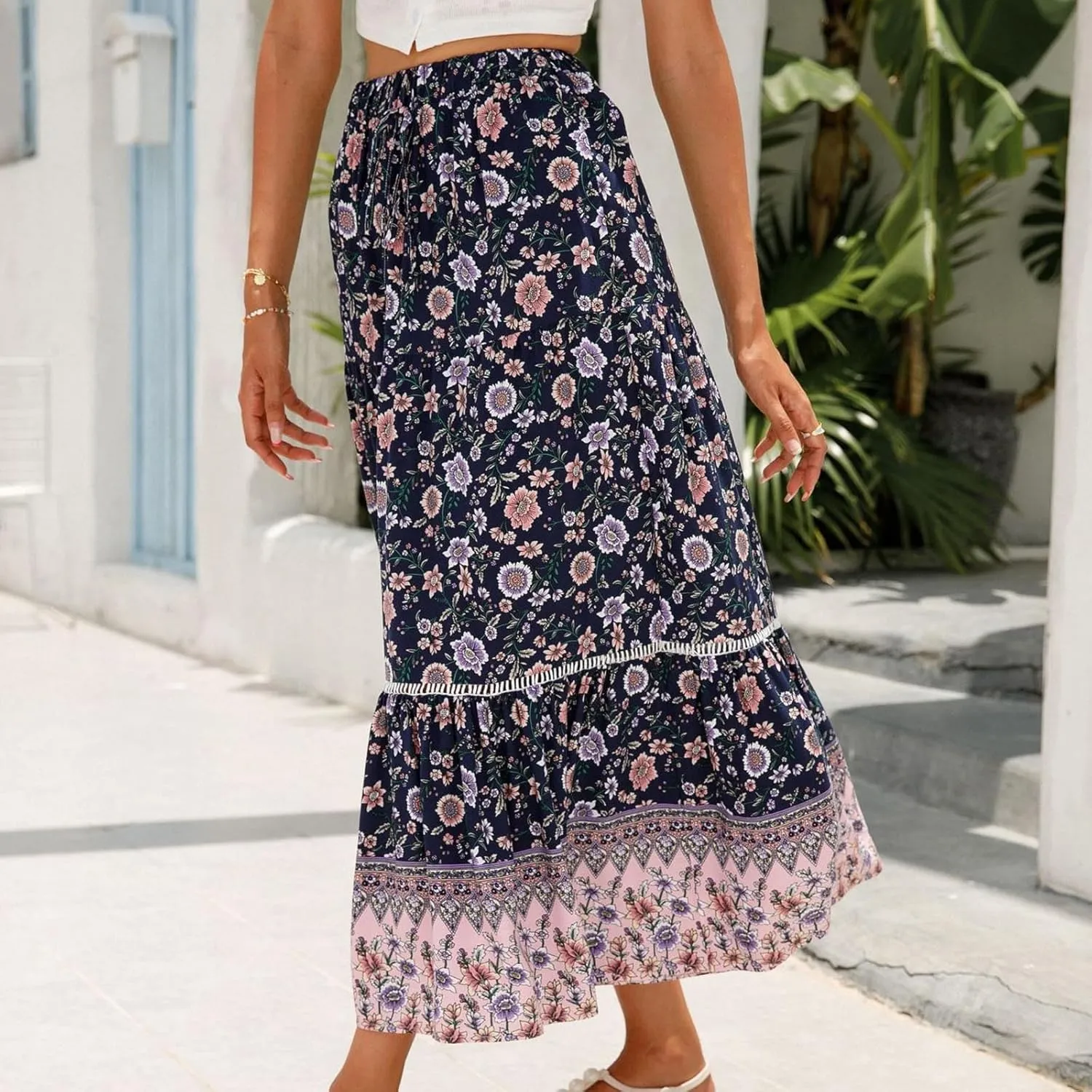 Womens Floral Printed Boho Maxi Skirt Pluz Size Elastic High Waist Summer Skirt Pleated Ruffle Flowy Long Skirts