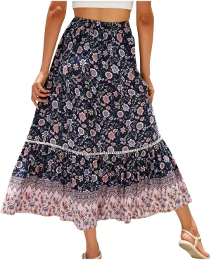 Womens Floral Printed Boho Maxi Skirt Pluz Size Elastic High Waist Summer Skirt Pleated Ruffle Flowy Long Skirts