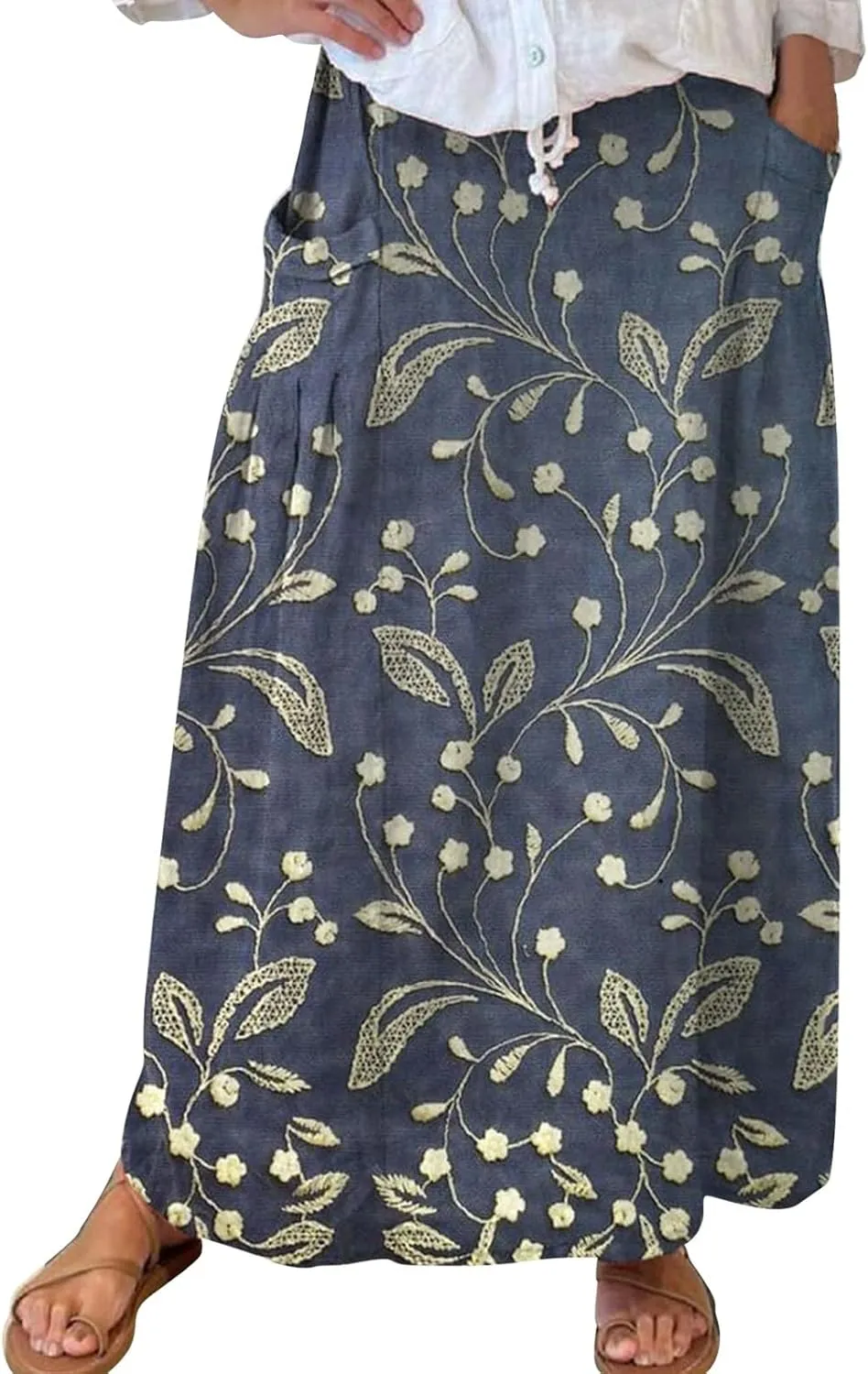 Womens Flowy Long Boho Floral Maxi Skirt Elastic High Waist Tiered Pleated Summer Casual Beach Skirt