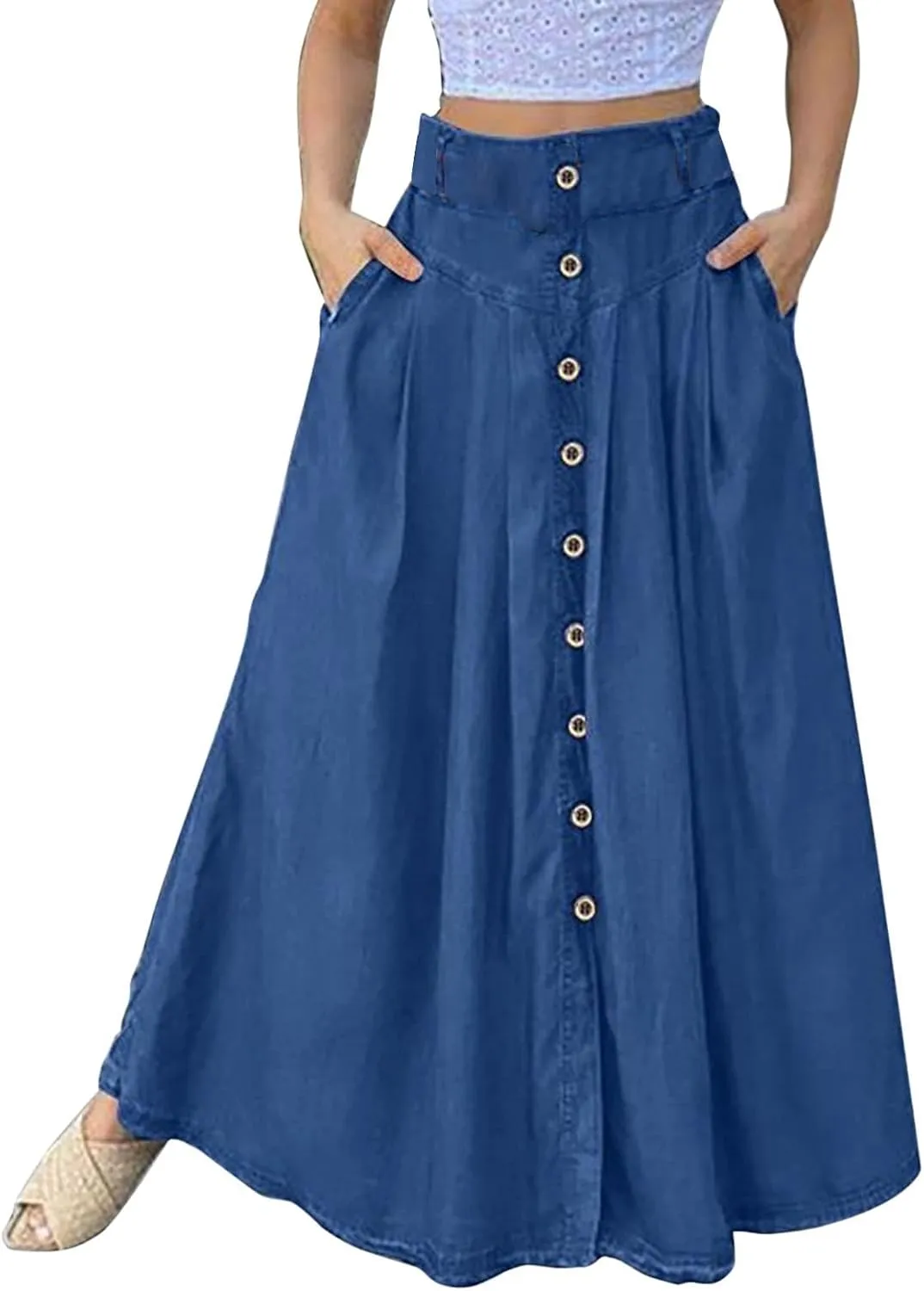 Womens Flowy Long Boho Floral Maxi Skirt Elastic High Waist Tiered Pleated Summer Casual Beach Skirt