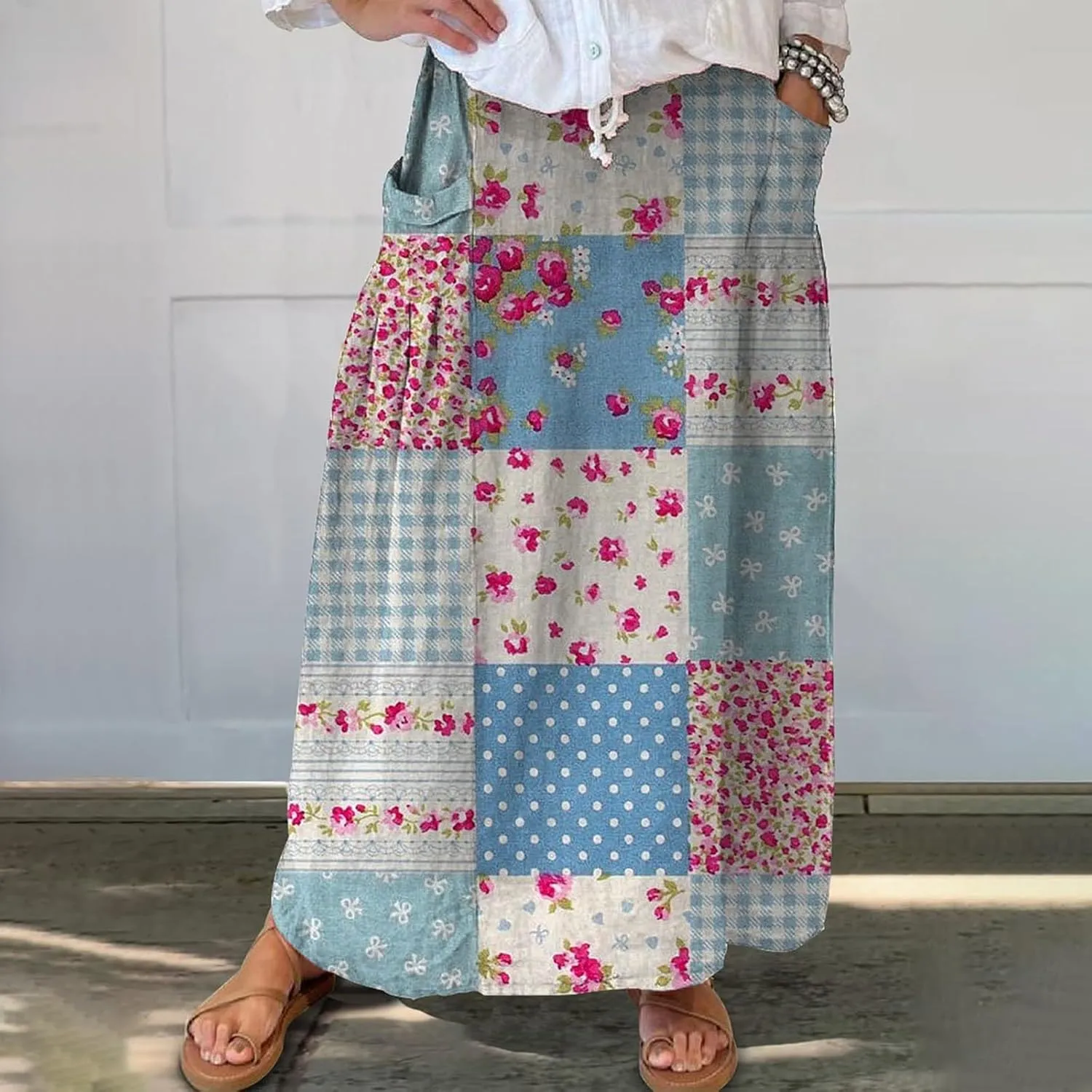 Womens Flowy Long Boho Floral Maxi Skirt Elastic High Waist Tiered Pleated Summer Casual Beach Skirt