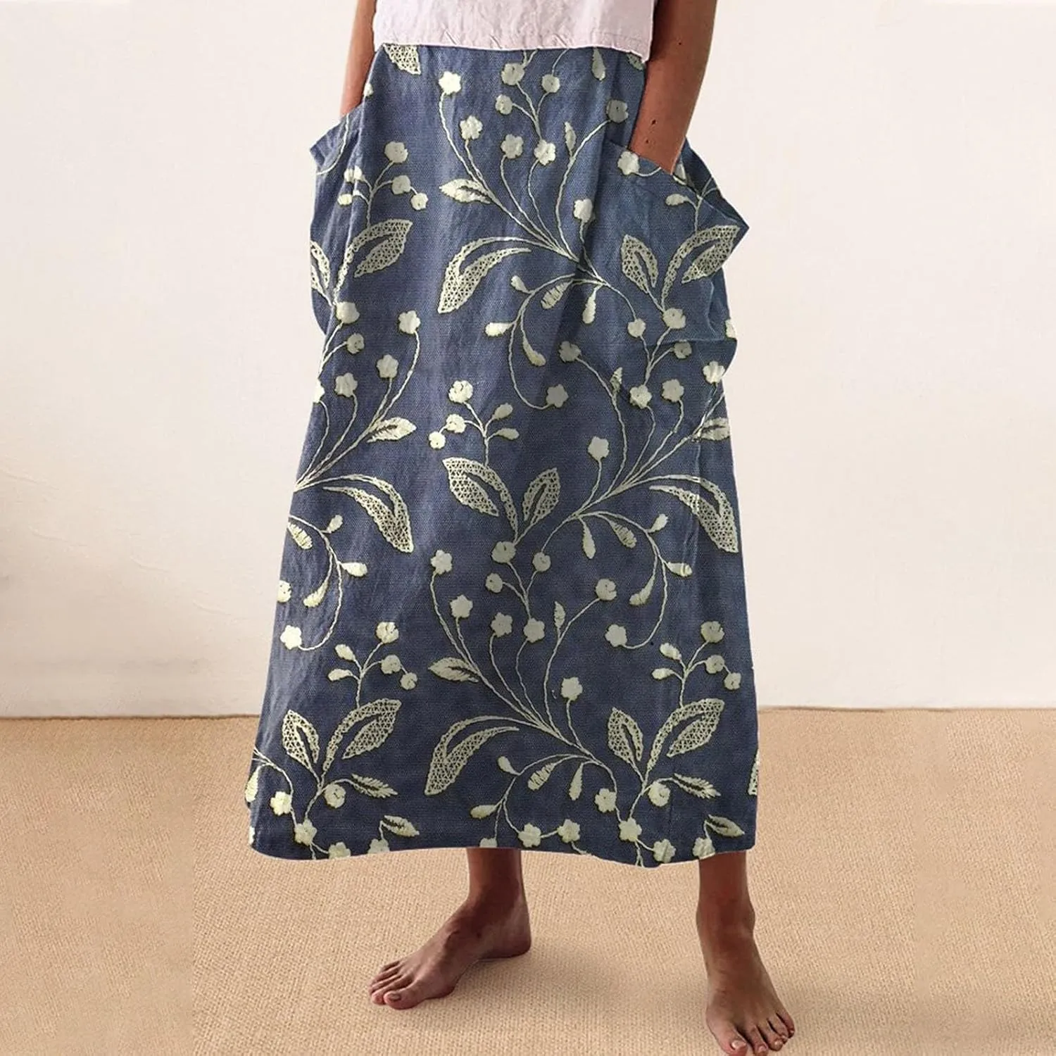 Womens Flowy Long Boho Floral Maxi Skirt Elastic High Waist Tiered Pleated Summer Casual Beach Skirt