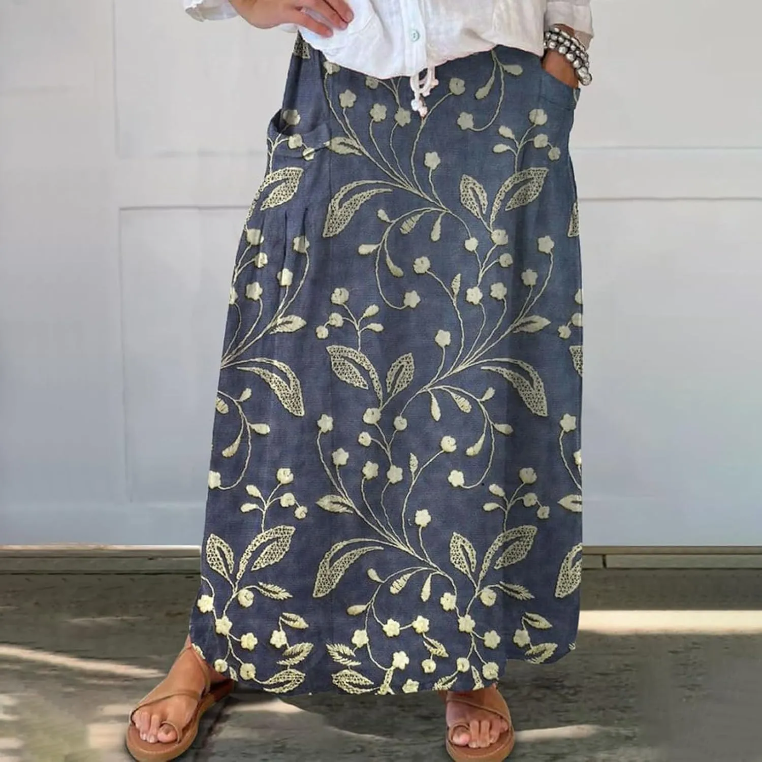 Womens Flowy Long Boho Floral Maxi Skirt Elastic High Waist Tiered Pleated Summer Casual Beach Skirt
