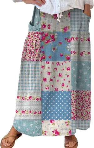 Womens Flowy Long Boho Floral Maxi Skirt Elastic High Waist Tiered Pleated Summer Casual Beach Skirt