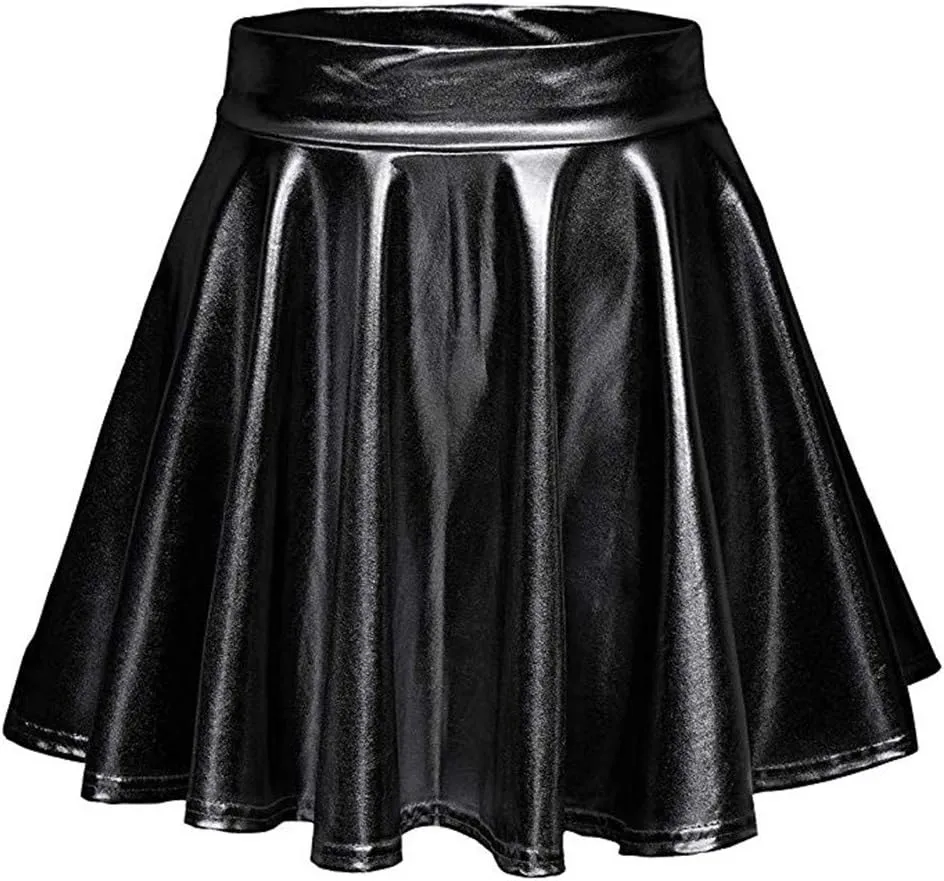 Women's Fold Leather Mini Skirt Fashion Bright Color Pleated Skirt Elastic Skirts Ruffle Layered Pleated Skirts
