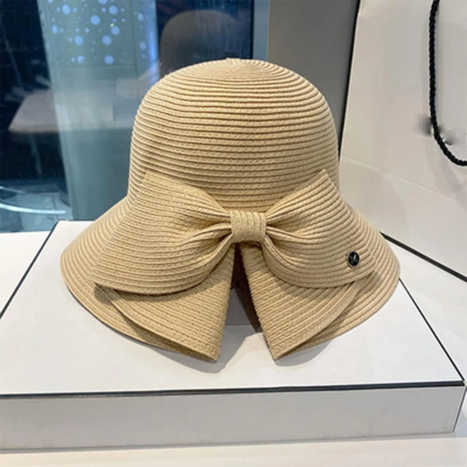 Womens Foldable Wide Brim Foldable Wide Brim Floppy Straw Beach Sun Hat Summer Cap with Bowknot for Women Girls