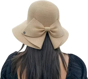 Womens Foldable Wide Brim Foldable Wide Brim Floppy Straw Beach Sun Hat Summer Cap with Bowknot for Women Girls
