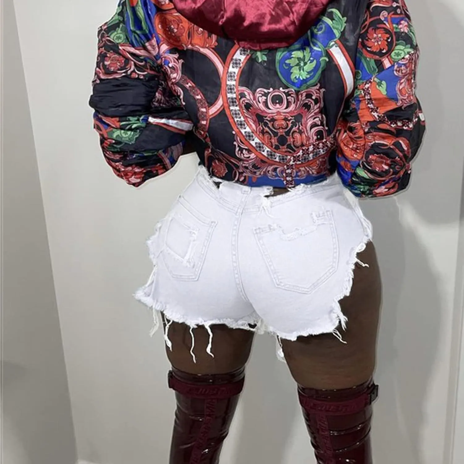 Womens High Waisted Jean Shorts Frayed Raw Hem Denim Shorts Distressed Casual Summer Stretchy Shorts Jean