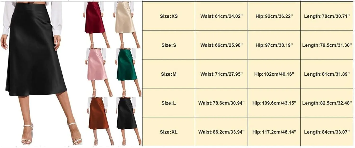 Women's High Waisted Satin Skirt Elegant A-Line Cocktail Party Wedding Back Zipper Knee Length Elastic Silk Skirts