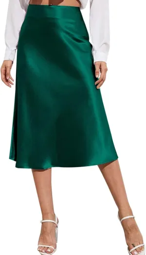 Women's High Waisted Satin Skirt Elegant A-Line Cocktail Party Wedding Back Zipper Knee Length Elastic Silk Skirts
