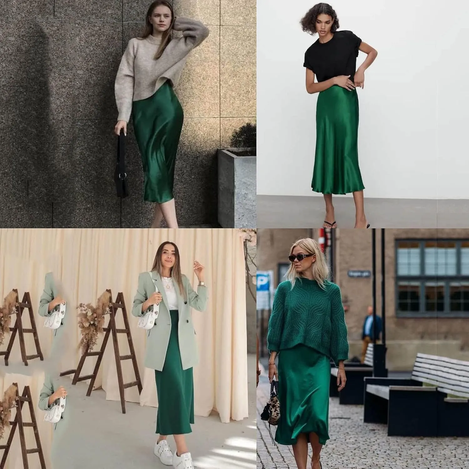 Women's High Waisted Satin Skirt Elegant A-Line Cocktail Party Wedding Back Zipper Knee Length Elastic Silk Skirts
