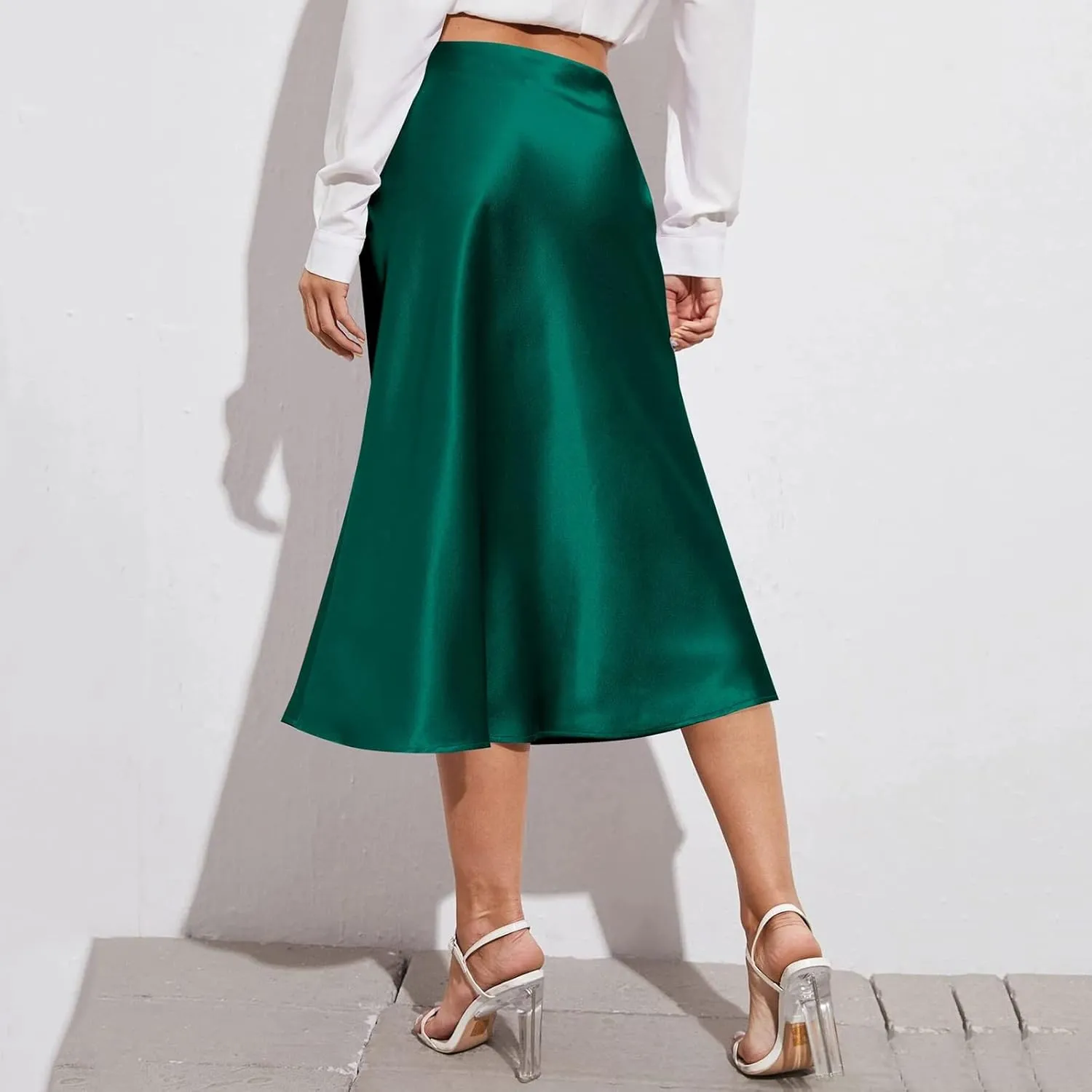 Women's High Waisted Satin Skirt Elegant A-Line Cocktail Party Wedding Back Zipper Knee Length Elastic Silk Skirts