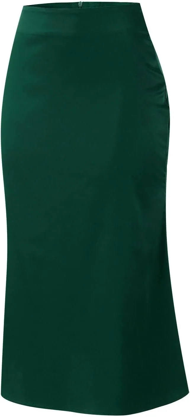Women's High Waisted Satin Skirt Elegant A-Line Cocktail Party Wedding Back Zipper Knee Length Elastic Silk Skirts