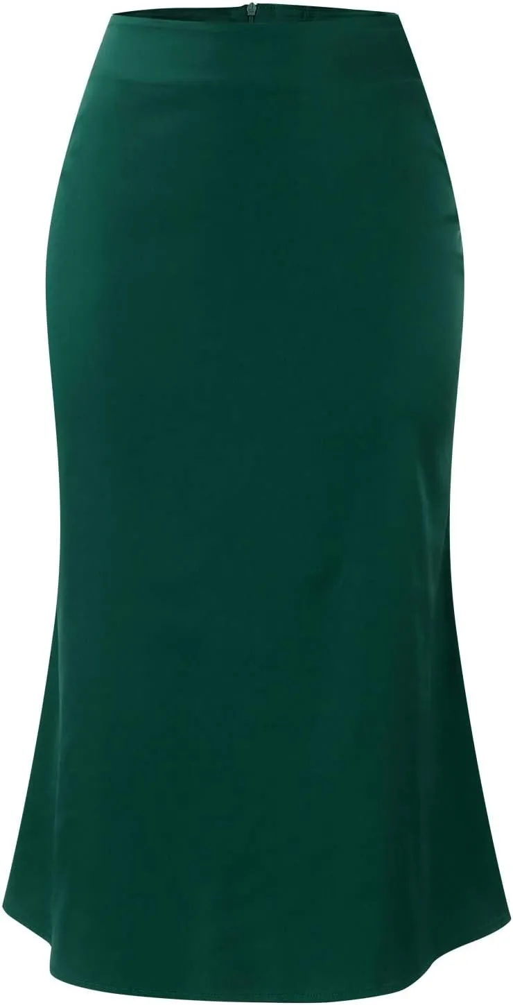 Women's High Waisted Satin Skirt Elegant A-Line Cocktail Party Wedding Back Zipper Knee Length Elastic Silk Skirts